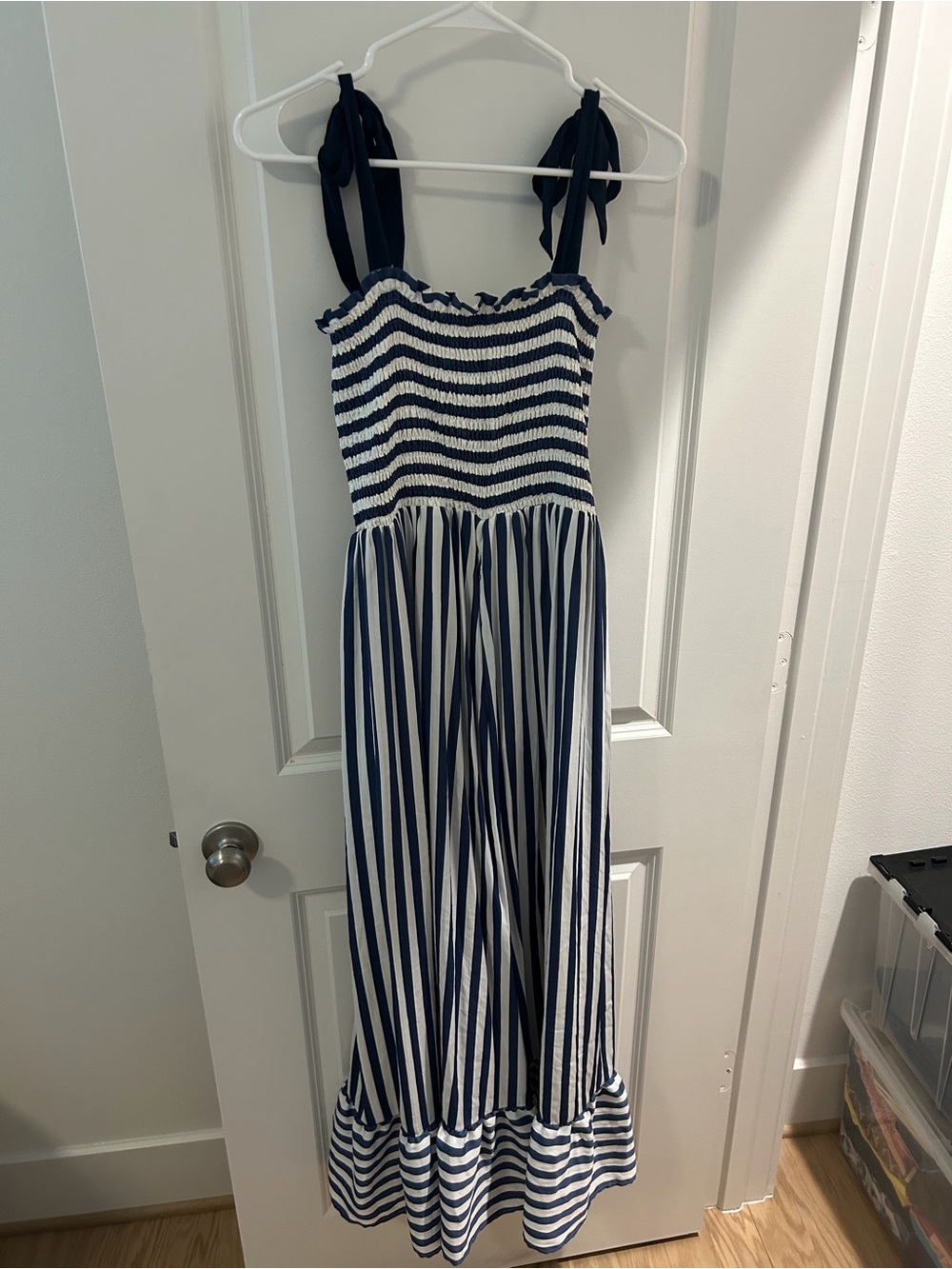 Summersalt Navy and White Striped Maxi Dress with Tie Straps